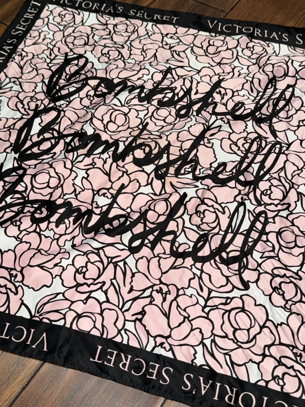 Victoria's Secret Pink and Black Floral Logo Bombshell Silk Scarf